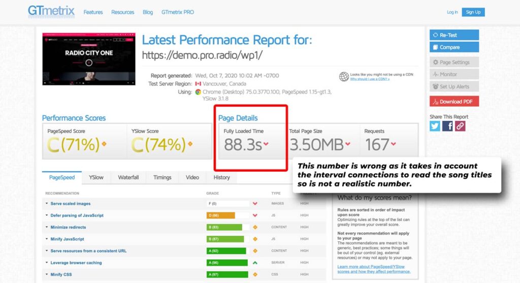 gtmetrix performance test radio after caching