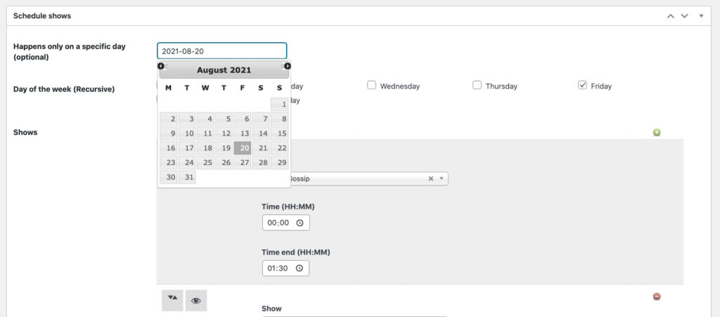radio shows schedule backend wordpress