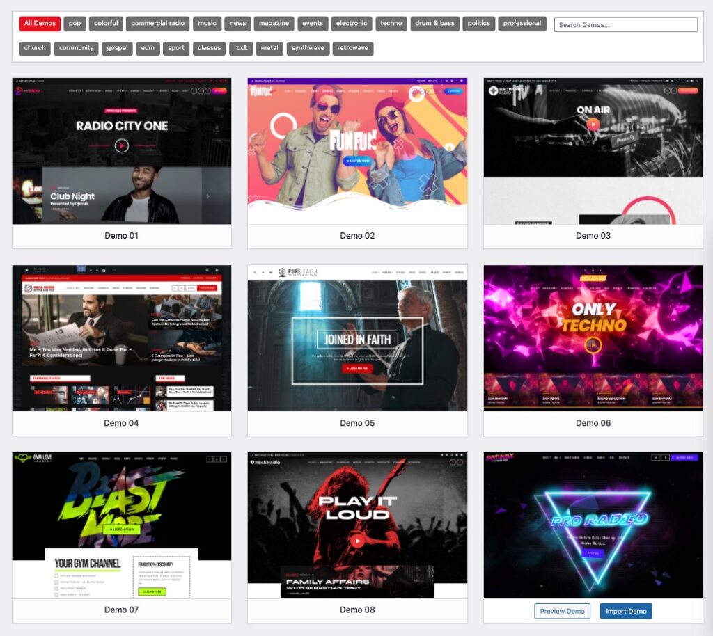 radio station wordpress synthwave demos installer