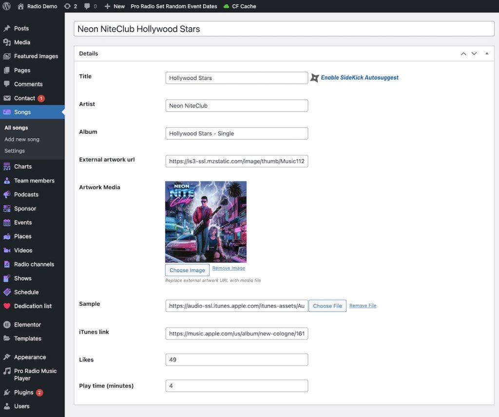 sidekick pro radio song details wordpress plugin