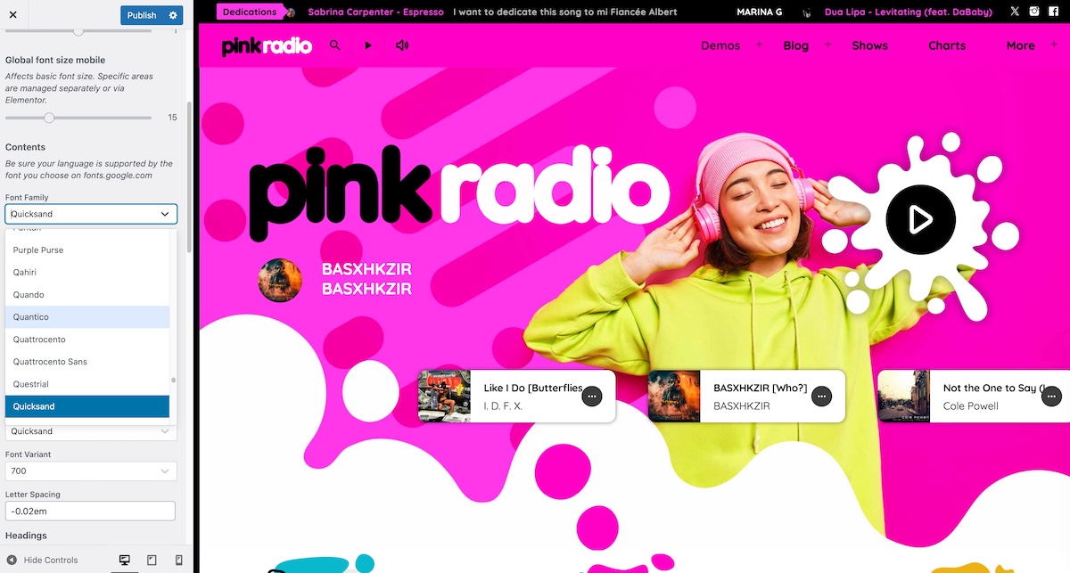 radio website builder new google fonts options
