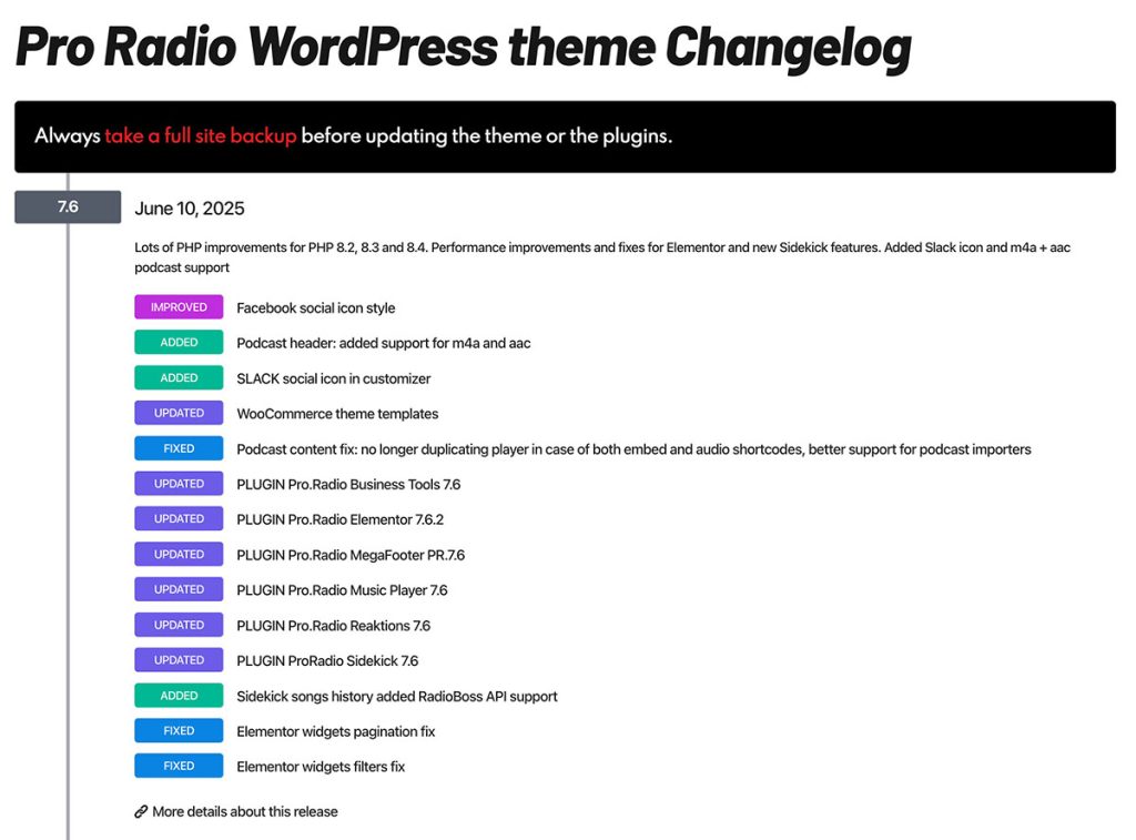 pro radio 7.6 changelog