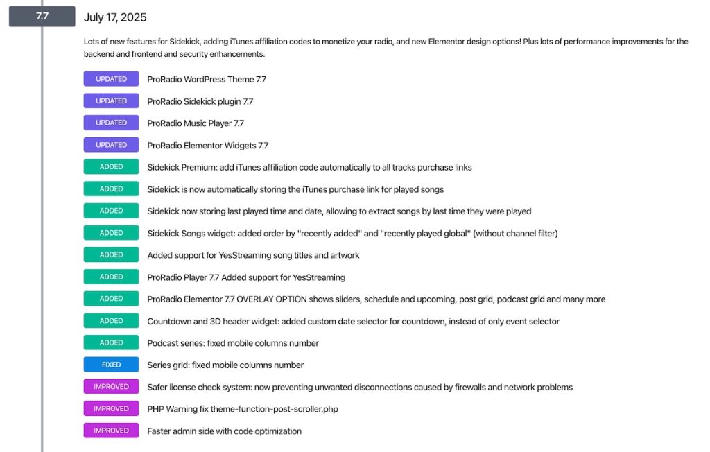 pro radio wordpress theme 7.7 changelog