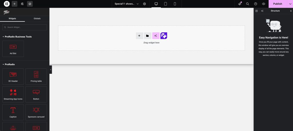 pro radio elementor editor page