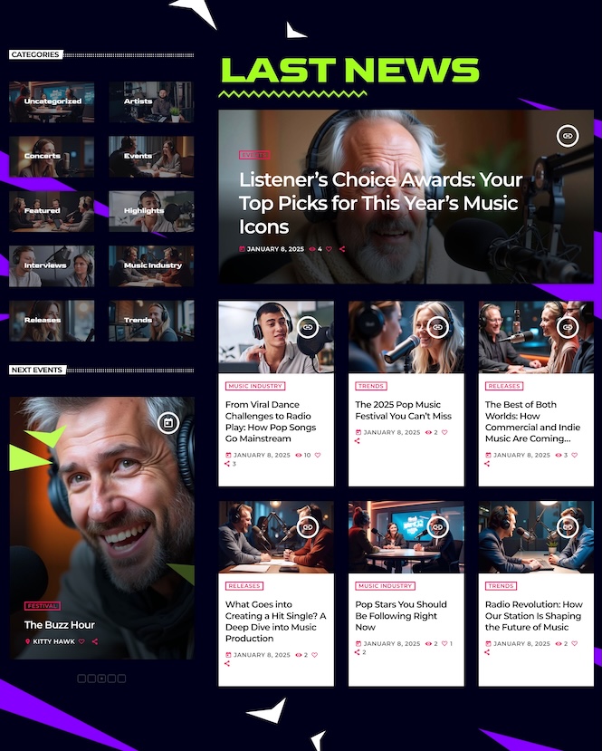 large news section with categories, post hero and blog grid