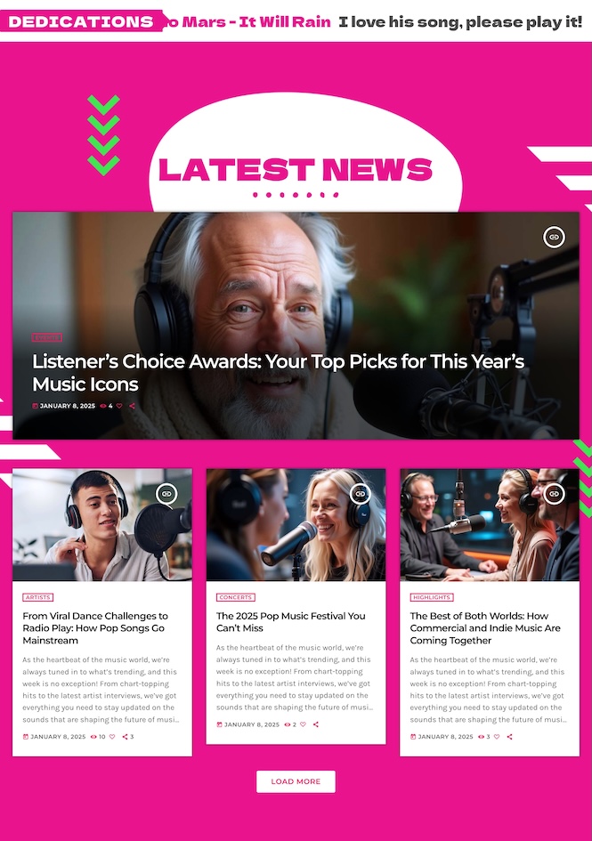 built-in latest news radio website section